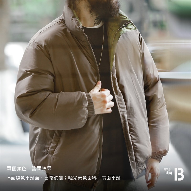 美式雙面穿絎縫羽絨服鴨絨百搭立領保暖面包服外套男冬-Retro's Wear