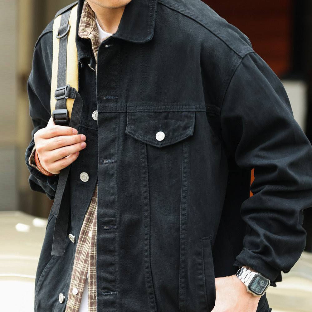 日系重磅牛仔夾克男阿特蘇水洗休閒復古黑色外搭開衫外套秋-Retro's Wear