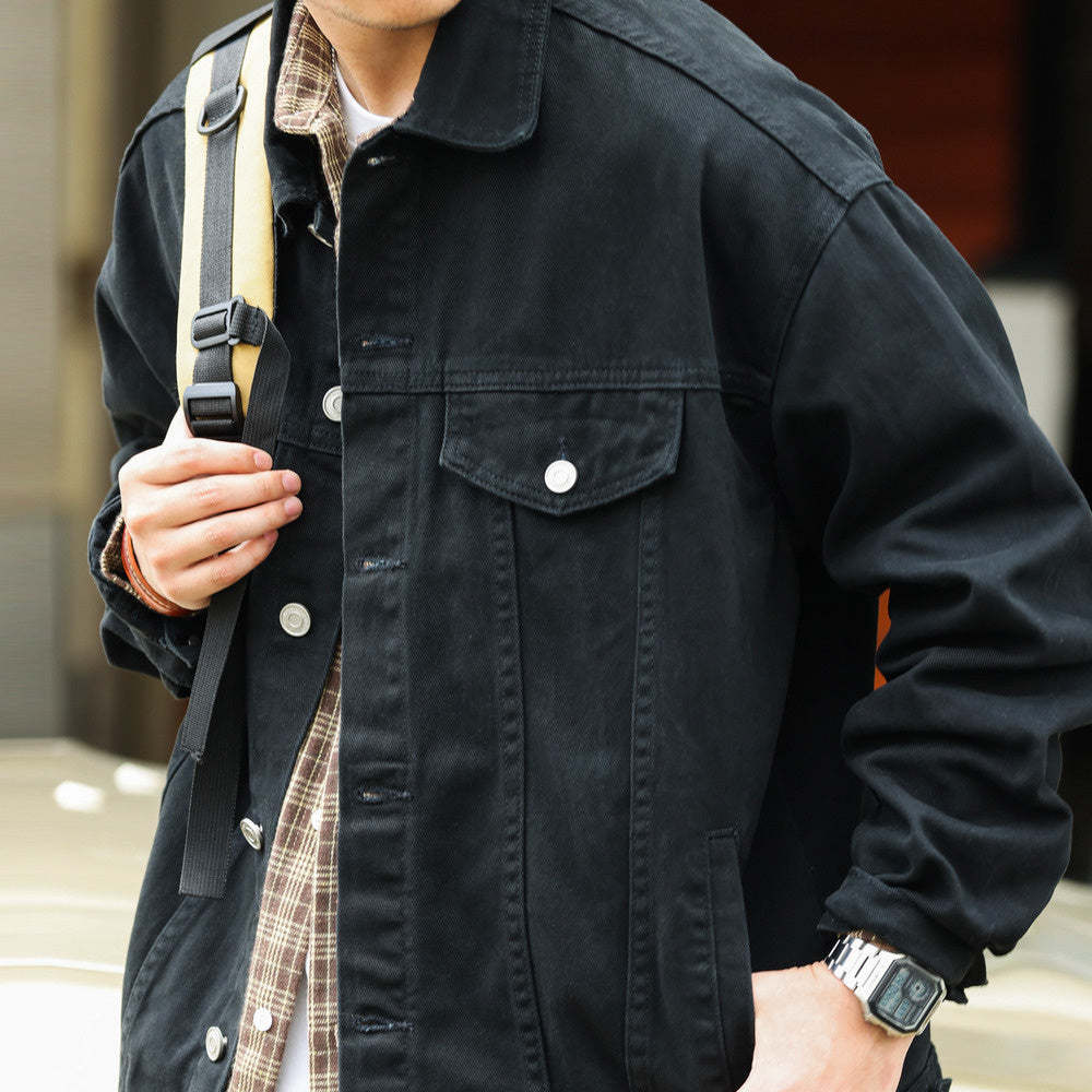 日系重磅牛仔夾克男阿特蘇水洗休閒復古黑色外搭開衫外套秋-Retro's Wear