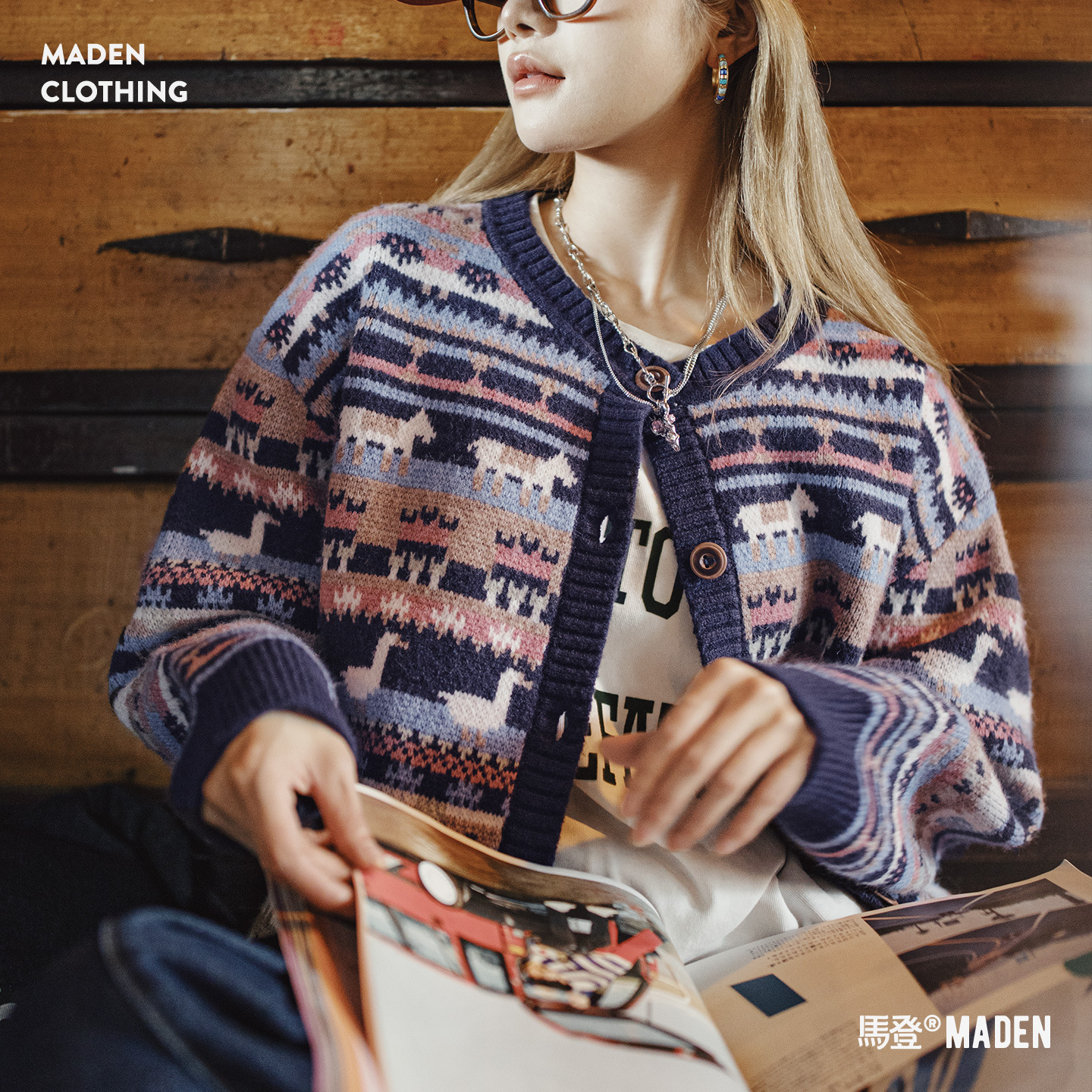 動物圖案復古寬鬆加厚費爾島針織提花毛衣開衫外套上衣女秋冬