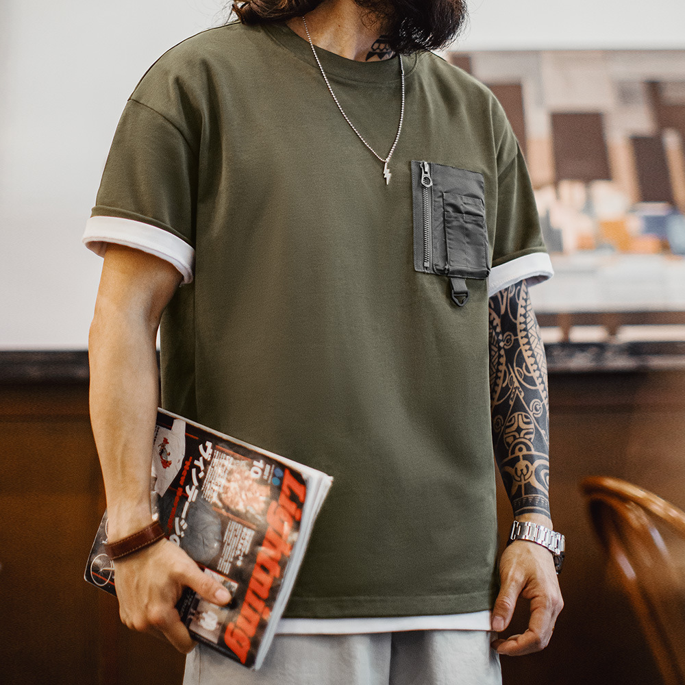 美式復古軍綠色口袋T恤山系純棉針織日系重磅短袖男款夏