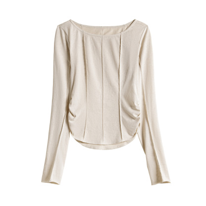 大領口薄款針織正肩長袖t恤魚骨收腰修身上衣打底罩衫女士夏