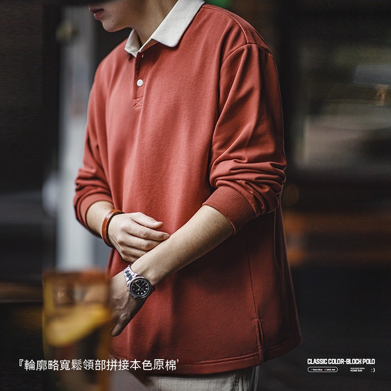 美式復古針織撞色polo衛衣學院風寬鬆翻領長袖T恤男春秋-Retro's Wear