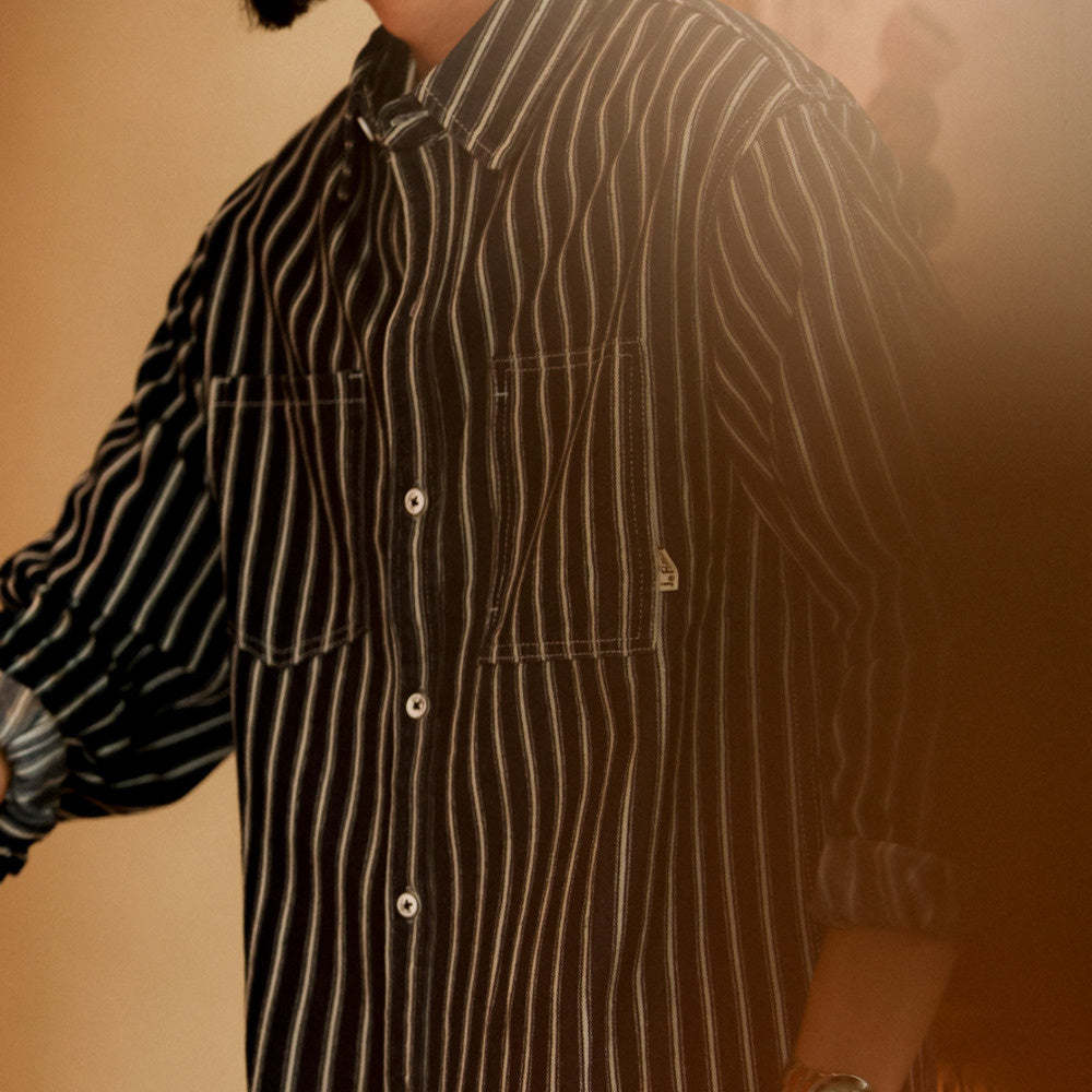 美式復古豎條紋襯衫男微寬長袖口袋戶外休閒牛仔襯衣外套-Retro's Wear