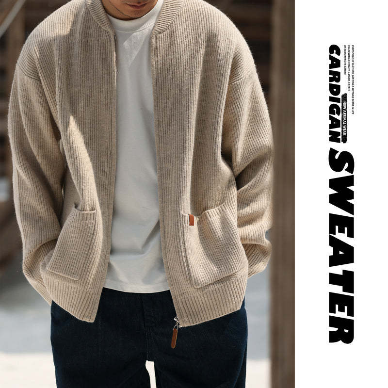 美式休閒680g重磅拉鍊開衫毛衣男7針粗線復古針織外套冬-Retro's Wear