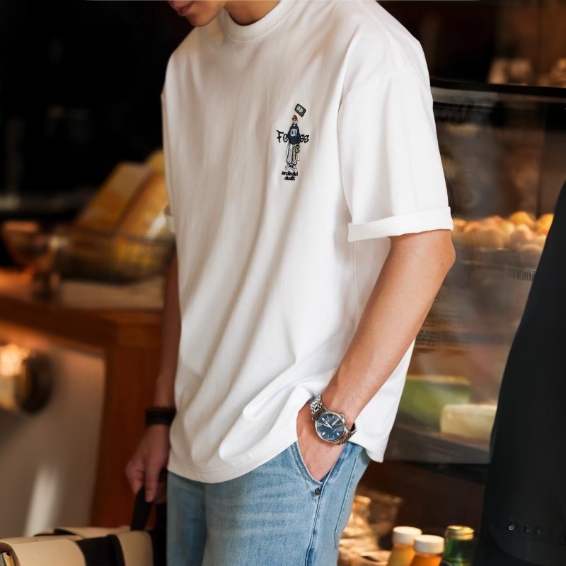 美式休閒精工膠印短袖T恤男士210g卡通趣味圓領打底衫