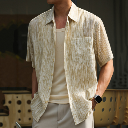 美式休閒鹅黃色短袖襯衣男褶皺紋理115g輕量感外搭襯衫