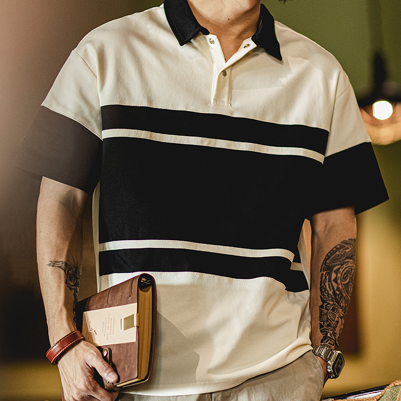 美式復古polo衫短袖男夏季2025新款撞色彈力上衣寬鬆拼接男士t恤