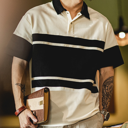 美式復古polo衫短袖男夏季2025新款撞色彈力上衣寬鬆拼接男士t恤