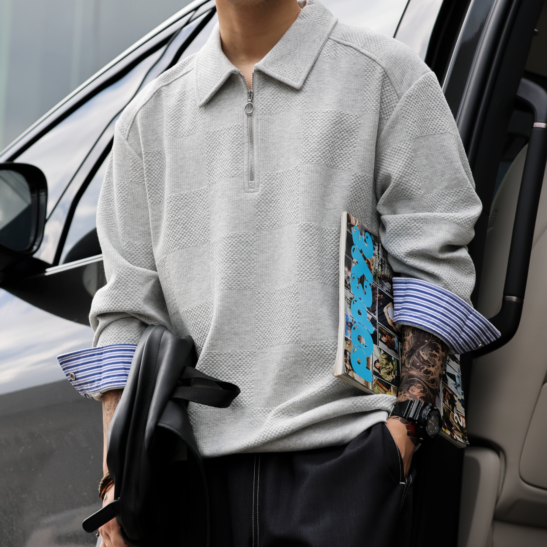 美式休閒半拉鍊polo衛衣男高級感提花針織疊穿長袖上衣