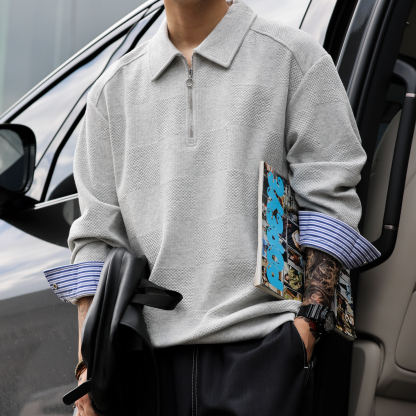 美式休閒半拉鍊polo衛衣男高級感提花針織疊穿長袖上衣