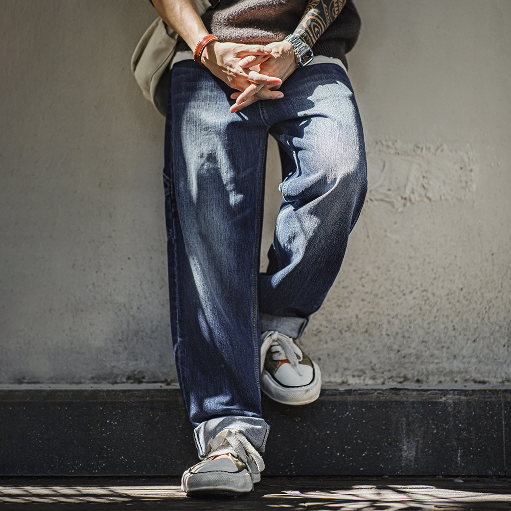 美式復古磨白伐木牛仔褲水洗丹寧寬鬆純棉直筒長褲子男夏-Retro's Wear