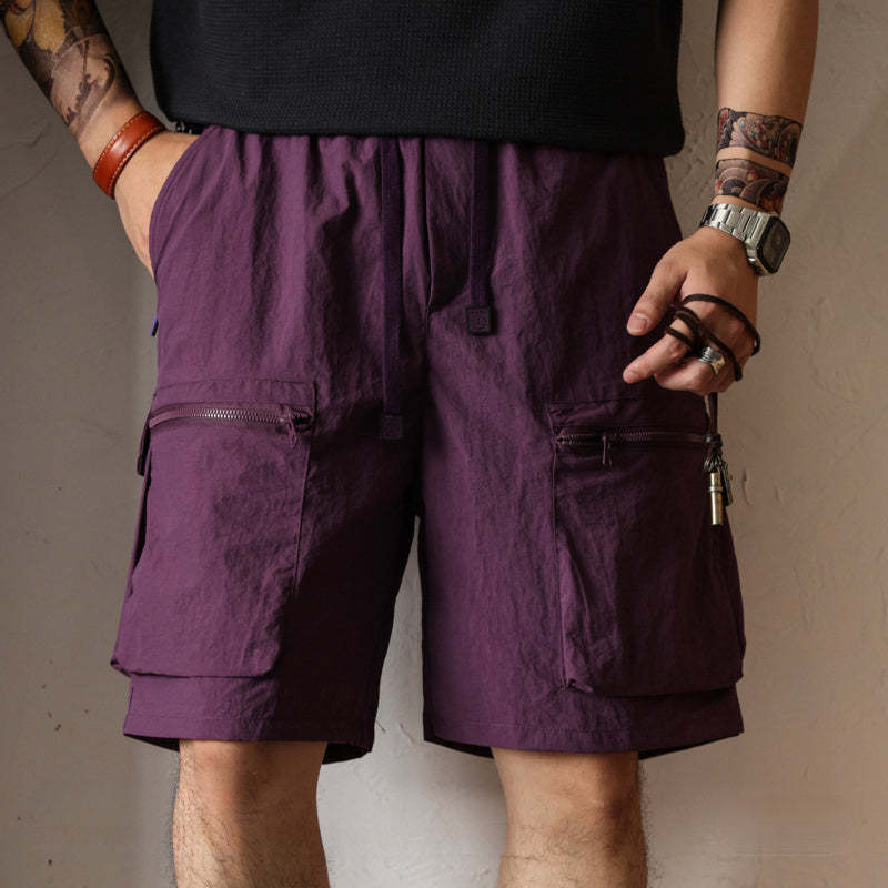 夏季日系速幹工裝短褲男寬鬆大碼抽繩大口袋跑步運動五分褲-Retro's Wear