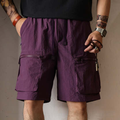 夏季日系速幹工裝短褲男寬鬆大碼抽繩大口袋跑步運動五分褲-Retro's Wear