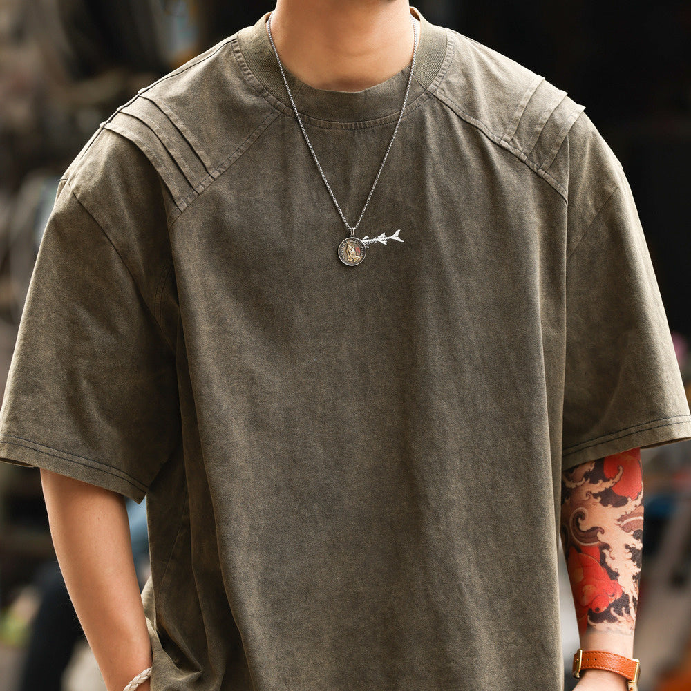 美式復古鯊魚腮設計短袖T恤男225g成服染色做舊硬漢上衣