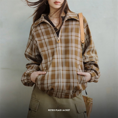 美式復古格紋夾克設計感撞色翻領外套休閒寬鬆百搭上衣春秋女-Retro's Wear