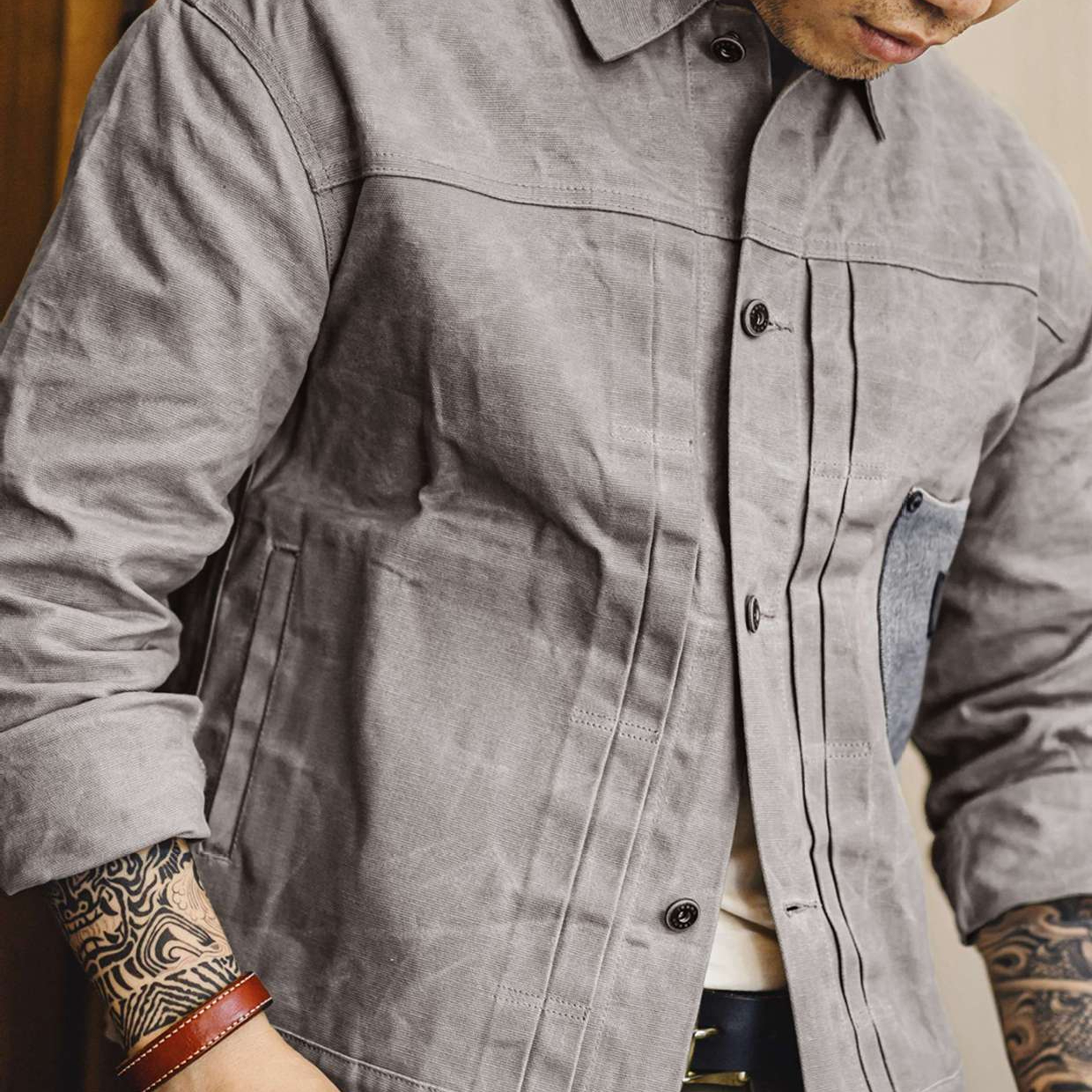 美式復古油蠟夾克vintage純棉獵裝硬挺灰色二代外套男秋