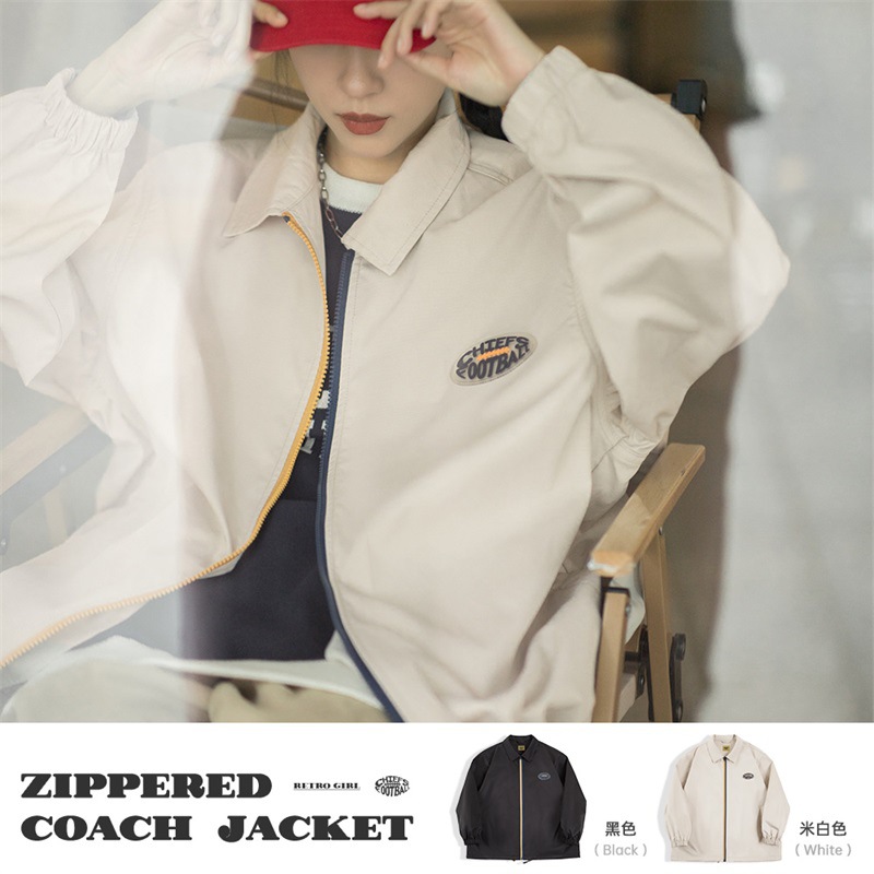 马登女装 美式复古教练夹克外套撞色拉链棒球服翻领上衣-Retro's Wear