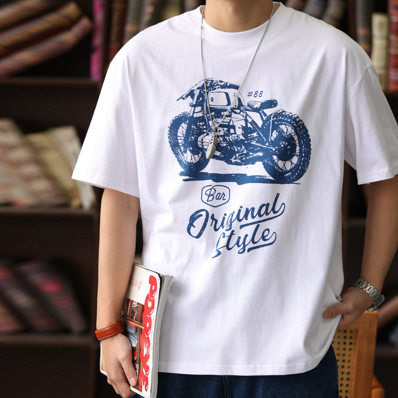 美式休閒機車印花短袖T恤男寬鬆圓領阿美哢嘰硬漢純棉TEE夏-Retro's Wear