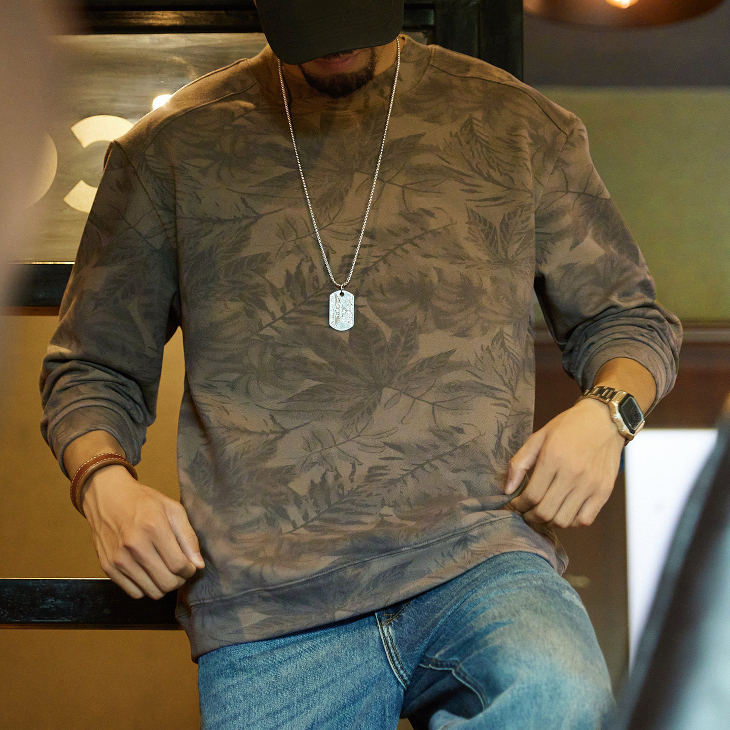 美式復古樹葉滿印花長袖T恤男2025秋季新款寬鬆圓領打底衫上衣