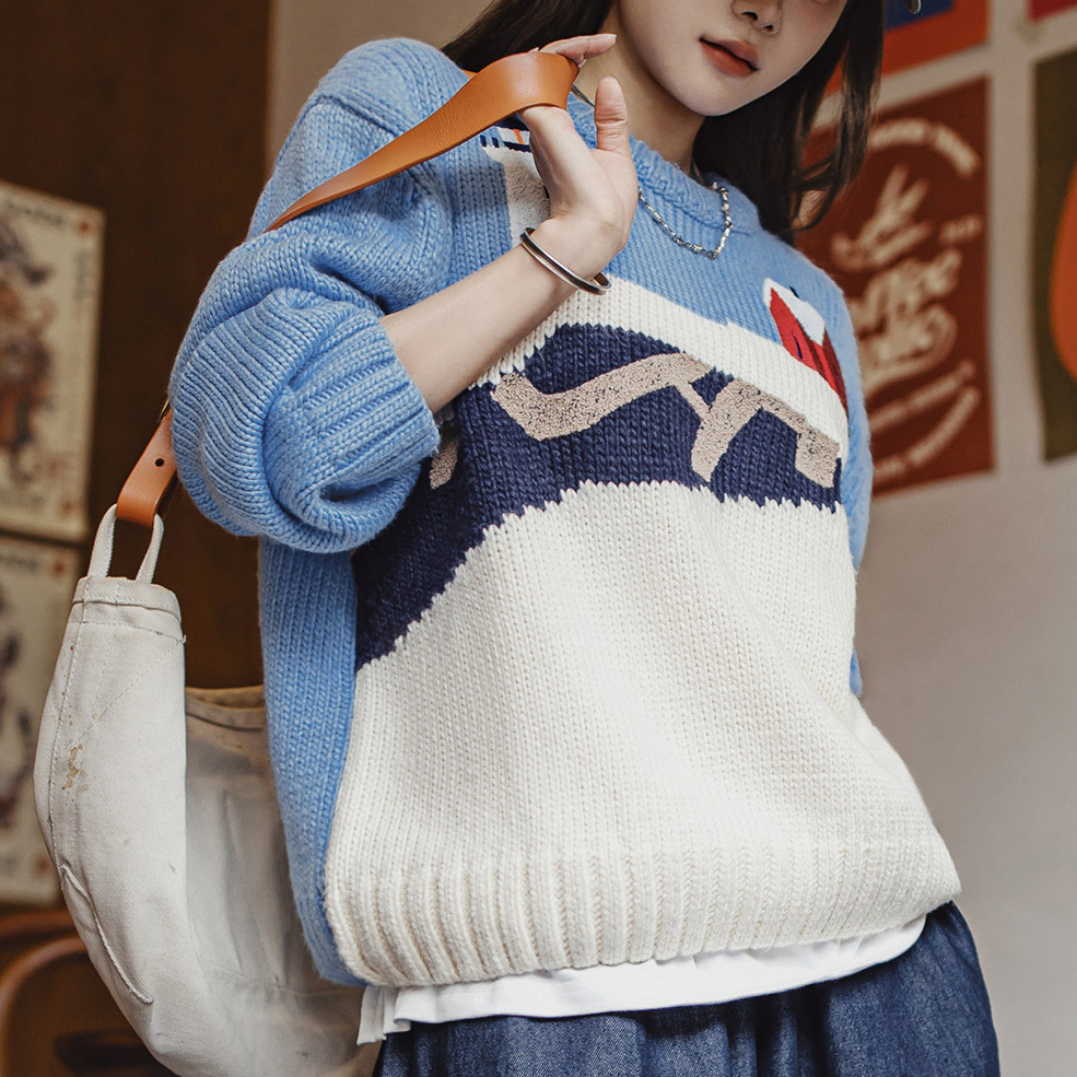 復古圓領寬鬆加厚針織提花毛衣休閒保暖外穿粗毛線上衣秋冬女