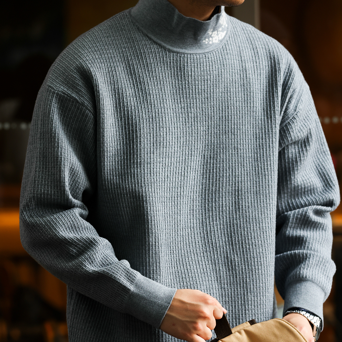 美式590g重磅半高領長袖針織衫男包芯紗提花保暖羊毛上衣