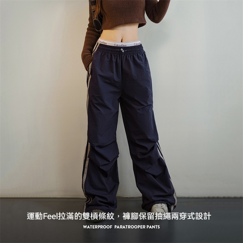 美式條紋傘兵褲防潑水戶外運動直筒褲闊腿工裝褲街舞褲春秋女-Retro's Wear