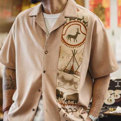 美式復古印花古巴領襯衫印第安薄款短袖棉襯衣外套男士夏