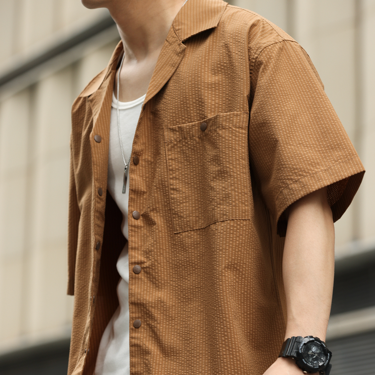 美式120g無氨四面彈格紋短袖襯衫男凉感速幹透氣襯衣夏