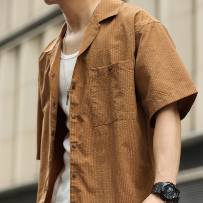 美式120g無氨四面彈格紋短袖襯衫男凉感速幹透氣襯衣夏