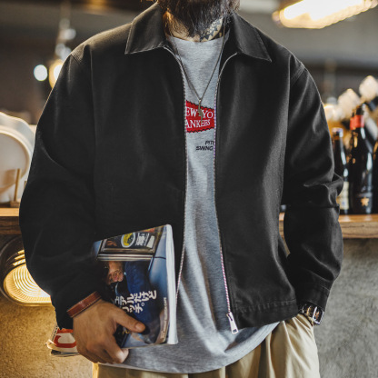 美式教練夾克翻領痞帥硬挺重磅短款黑色純棉行政外套男秋