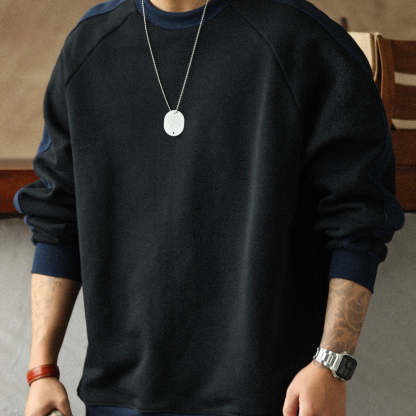 羅紋撞色拼接套頭衛衣男款秋冬480G重磅純棉毛圈休閒外套上衣-Retro's Wear