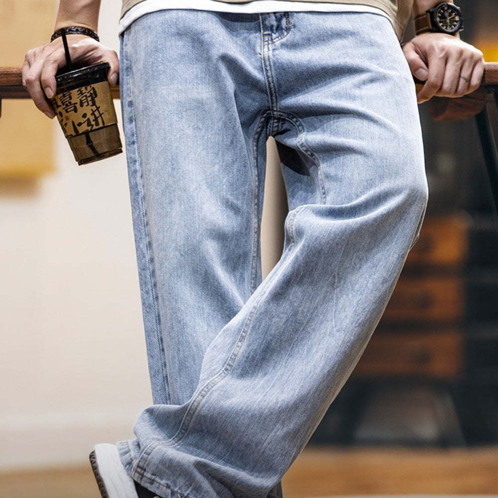 美式淺藍色復古牛仔褲男士春夏2025新款純棉水洗寬鬆直筒褲子男