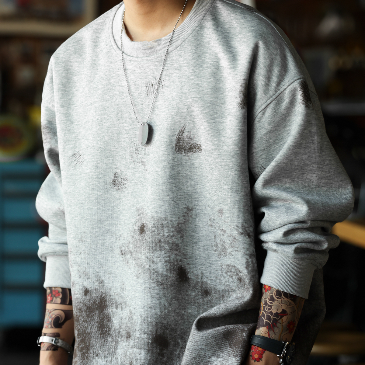 美式復古手工潑墨圓領衛衣男320g做舊斑駁感疊穿上衣秋