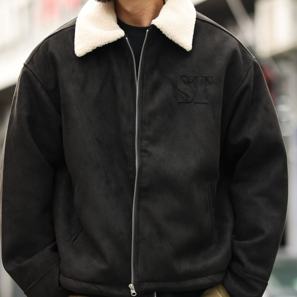 美式復古vintage麂皮絨外套男寬鬆刺繡加厚夾棉毛領夾克棉服-Retro's Wear