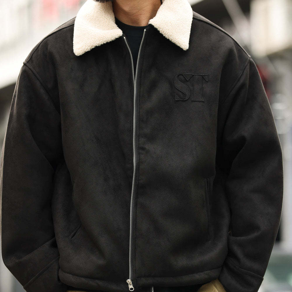 美式復古vintage麂皮絨外套男寬鬆刺繡加厚夾棉毛領夾克棉服-Retro's Wear