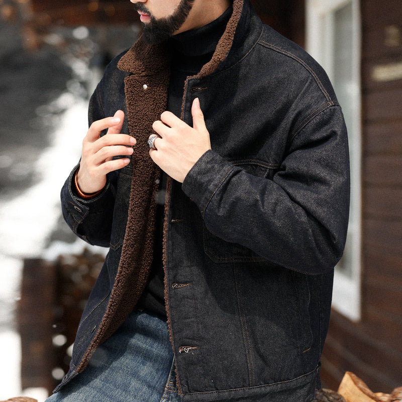 美式復古重磅羊羔絨外套男加絨加厚原色牛仔夾克棉衣冬