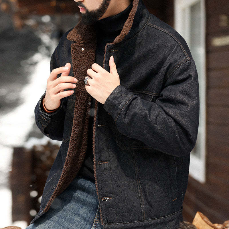 美式復古重磅羊羔絨外套男加絨加厚原色牛仔夾克棉衣冬