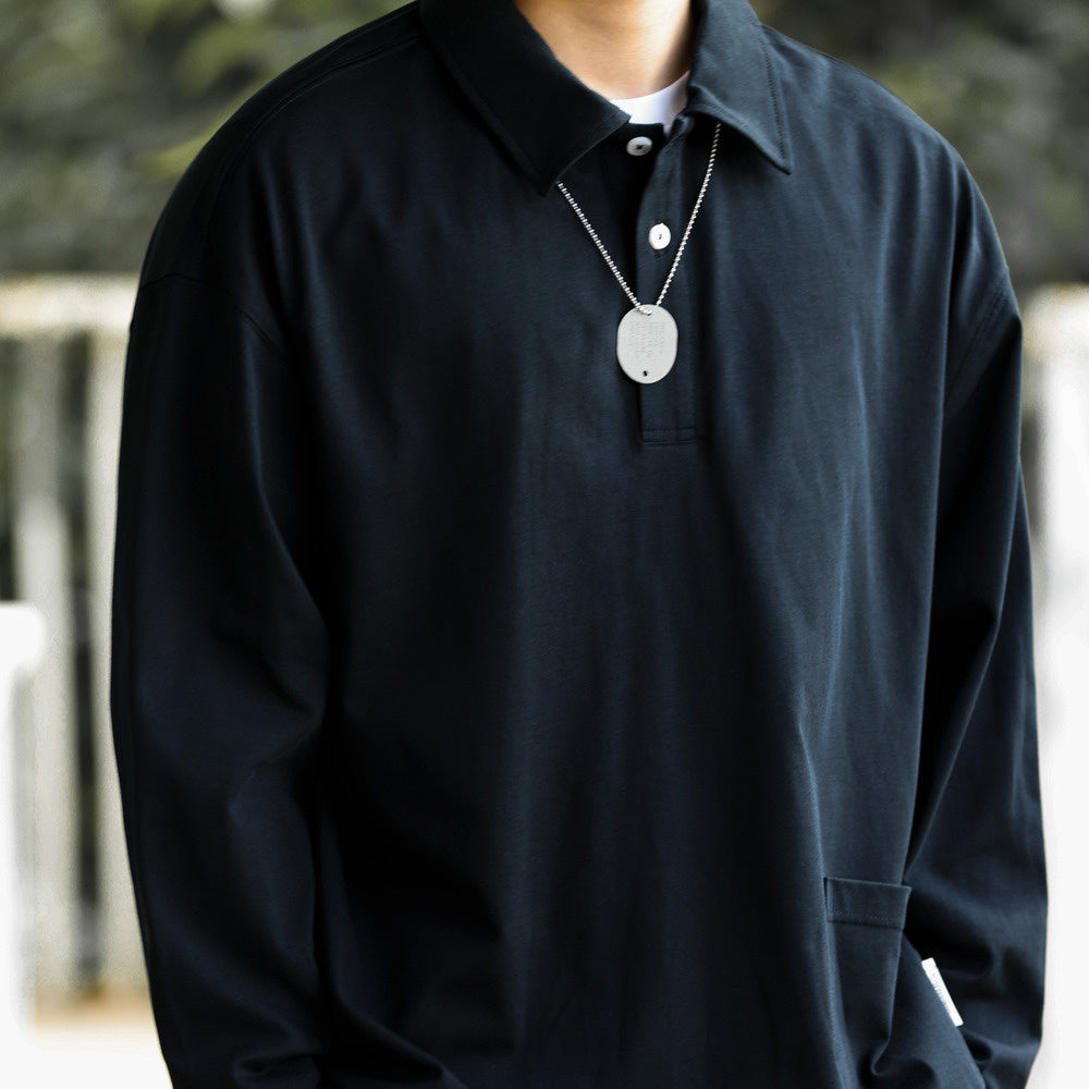 美式休閒口袋翻領長袖POLO衫男弧形下擺戶外運動疊穿工裝T恤-Retro's Wear
