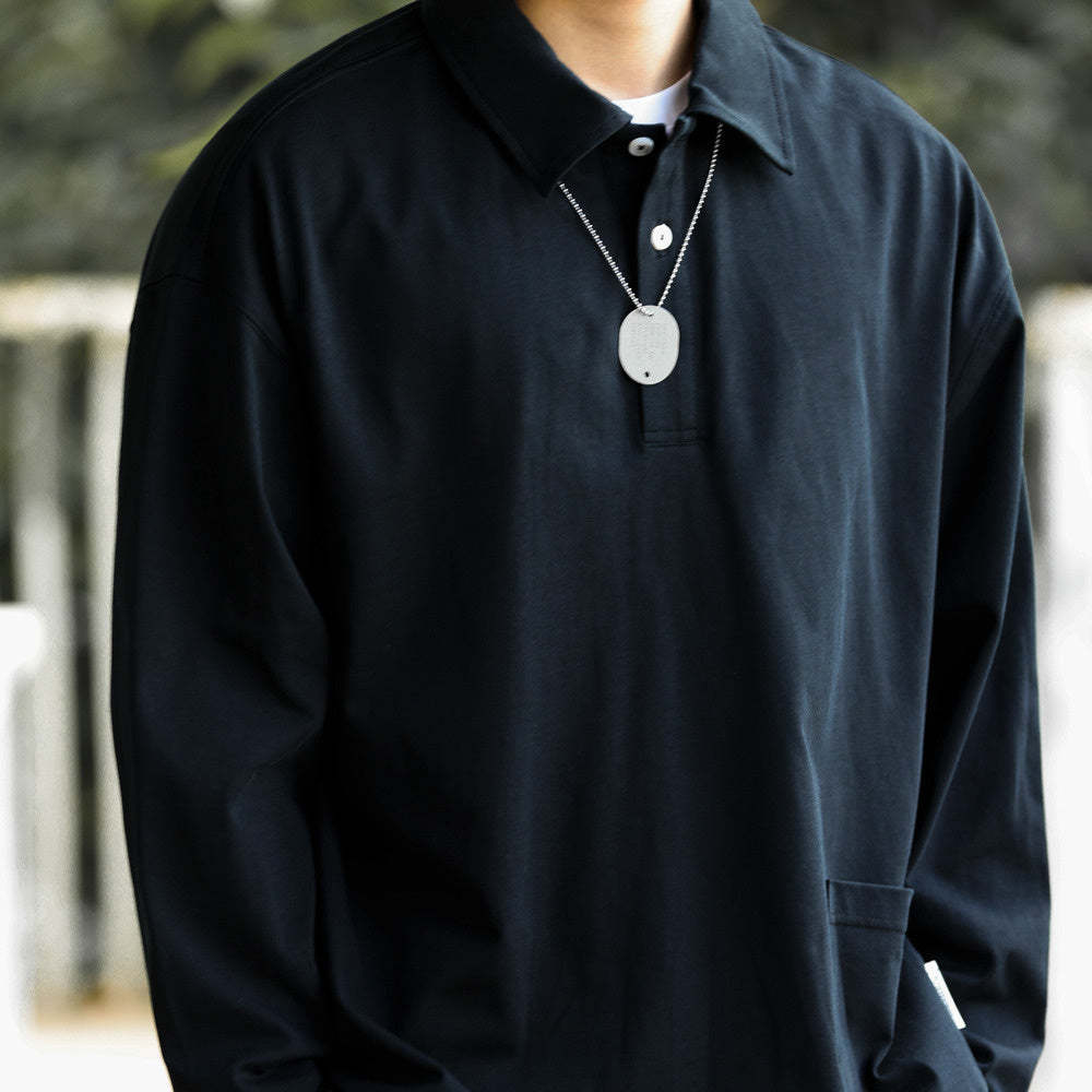 美式休閒口袋翻領長袖POLO衫男弧形下擺戶外運動疊穿工裝T恤-Retro's Wear