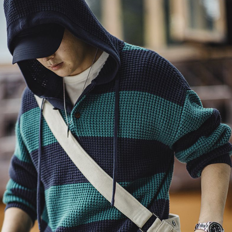 美式休閒撞色條紋連帽針織衫學院風毛衣寬鬆套頭衛衣男秋-Retro's Wear