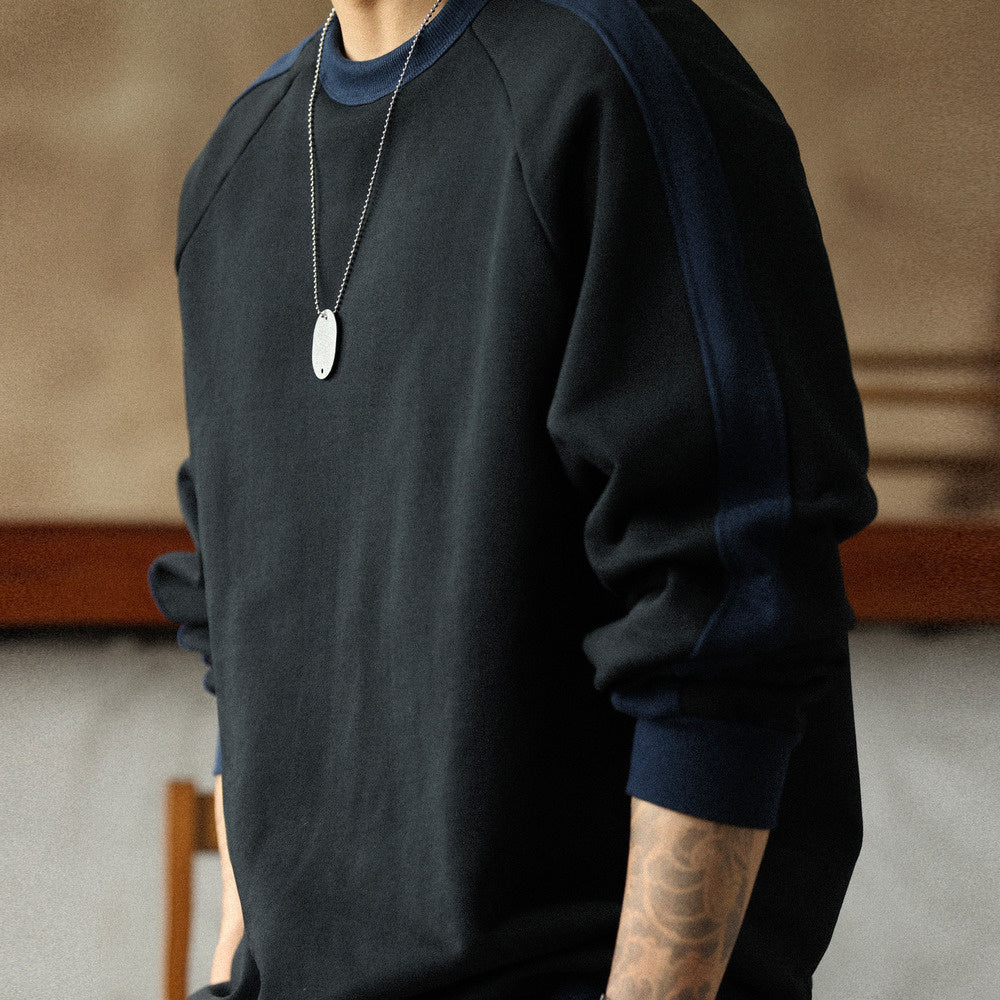 羅紋撞色拼接套頭衛衣男款秋冬480G重磅純棉毛圈休閒外套上衣-Retro's Wear