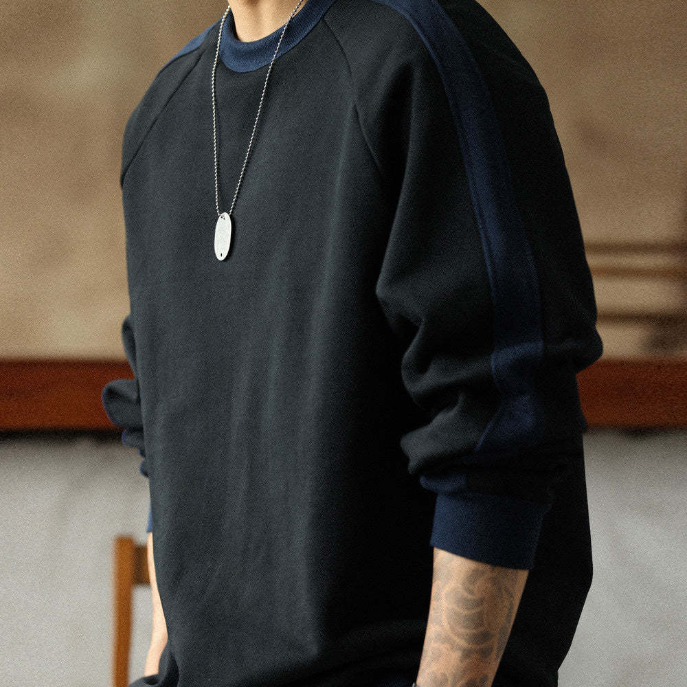 羅紋撞色拼接套頭衛衣男款秋冬480G重磅純棉毛圈休閒外套上衣-Retro's Wear