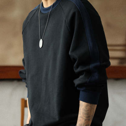 羅紋撞色拼接套頭衛衣男款秋冬480G重磅純棉毛圈休閒外套上衣-Retro's Wear