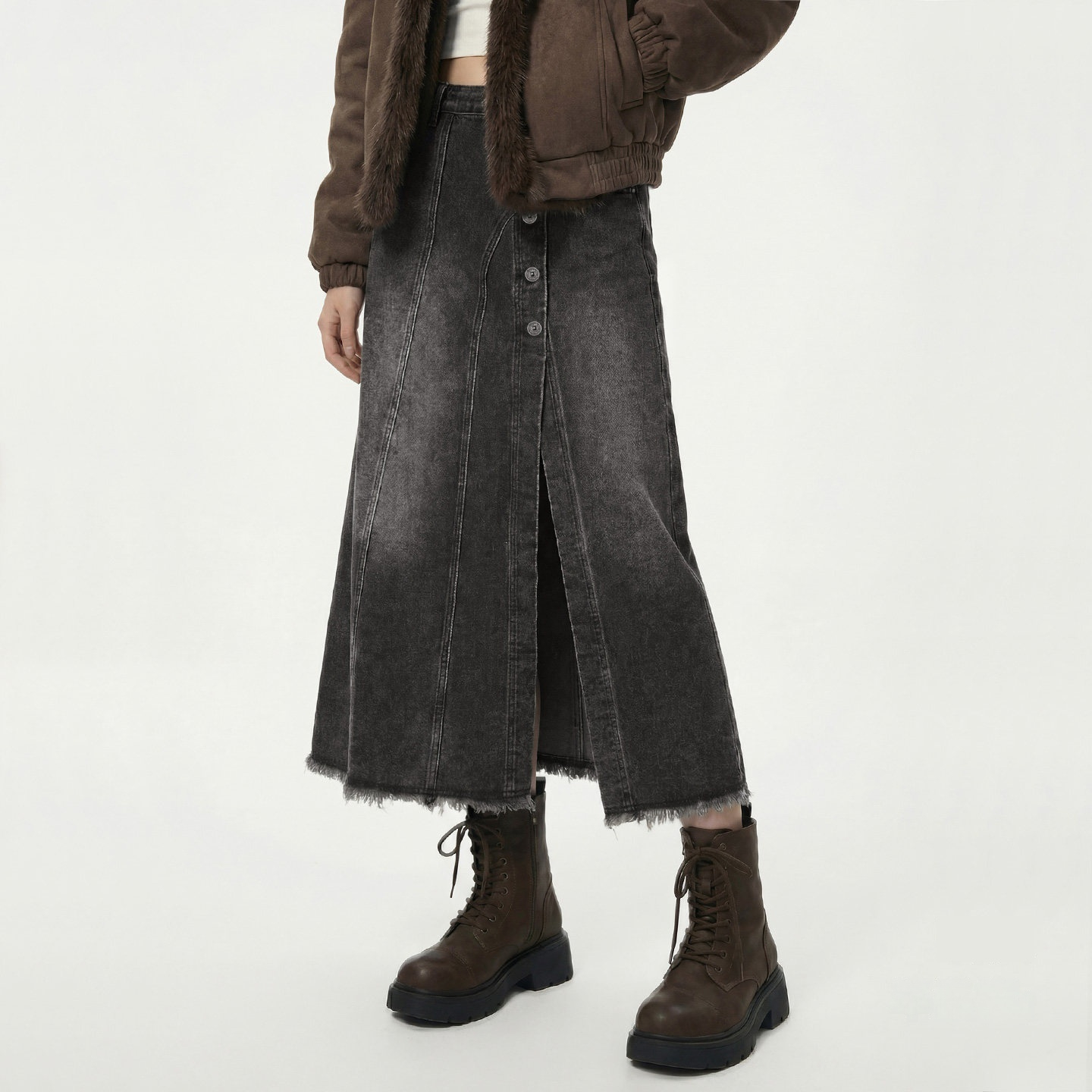 烟灰色復古開衩牛仔高腰毛邊半身裙顯瘦A字傘中長裙子女士春