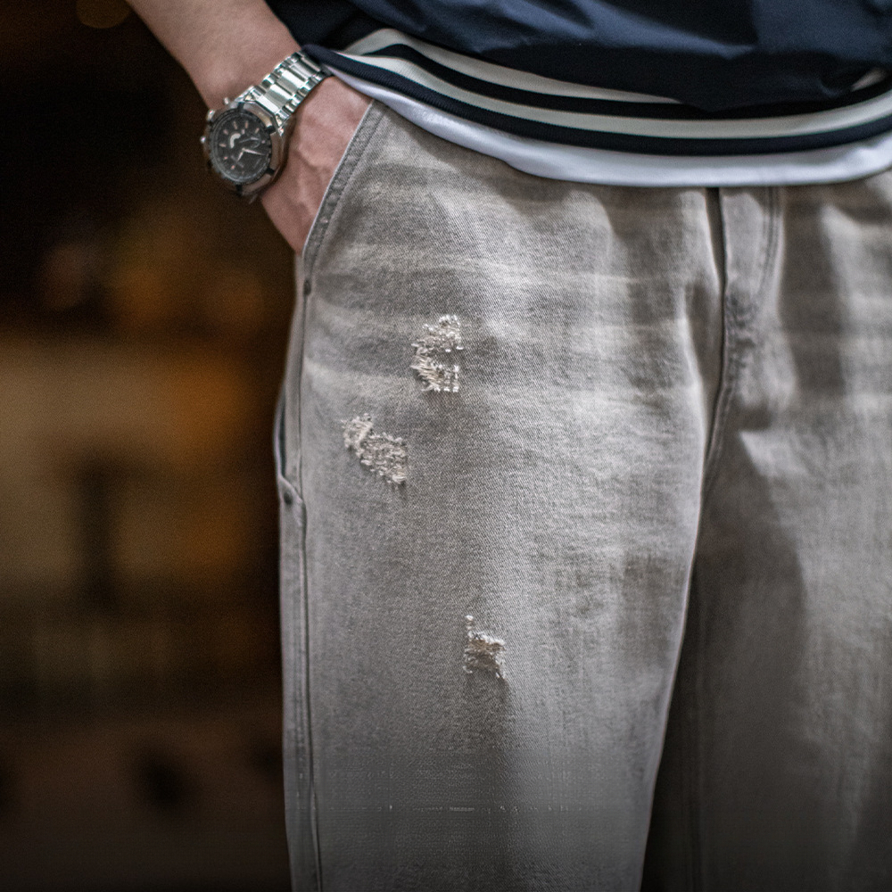 美式復古水洗做舊格雷系灰牛仔褲破洞猫須伐木直筒褲男春