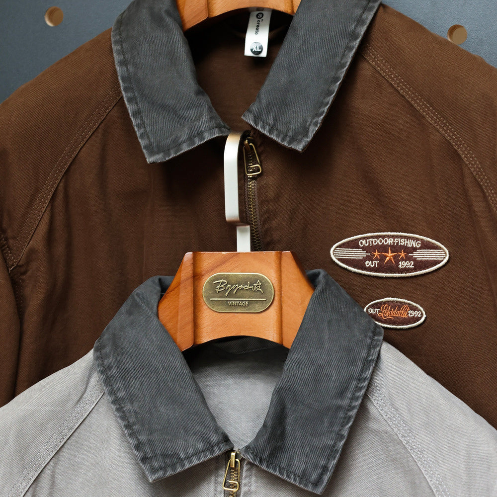 美式復古底特律夾克男廓形重磅洗褪純棉翻領撞色休閒寬鬆外套-Retro's Wear