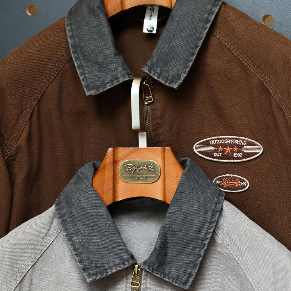 美式復古底特律夾克男廓形重磅洗褪純棉翻領撞色休閒寬鬆外套-Retro's Wear