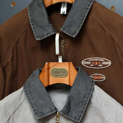 美式復古底特律夾克男廓形重磅洗褪純棉翻領撞色休閒寬鬆外套-Retro's Wear