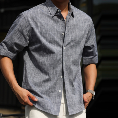 美式復古160g竹節麻感中袖襯衣男抗皺免燙休閒短袖襯衫